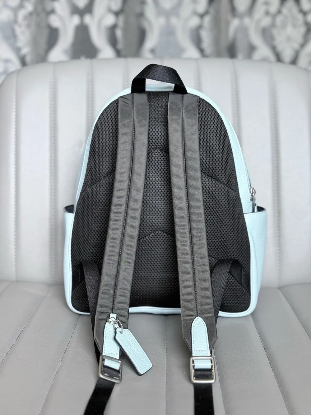 COACH NWOT Pebbled Leather Court Full Size Backpack in Powder Blue